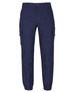 A pair of navy cargo pants with multiple pockets and elasticated cuffs. The product features a logo.