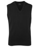 A black knitted vest with a V-neck design and sleeveless style. It features a label inside and has a simple, classic look.