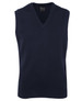 A navy blue knitted vest with a V-neck and sleeveless design, featuring a label inside.