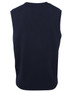 A dark navy knitted vest featuring a sleeveless design, with a subtle ribbed texture at the hem. It has a logo.