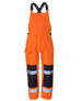 Bright orange waterproof bib and brace with navy blue reflective strips and adjustable straps. Features pockets on the front.