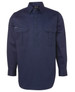 A long-sleeve navy work shirt featuring two front pockets and a collar, with a logo on the chest.