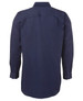 A navy long-sleeved work shirt featuring a close front design and buttoned cuffs, with a logo displayed.