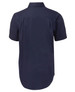 A navy short-sleeved work shirt with a back yoke and a curved hem, featuring a brand logo.