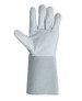 A light grey welder glove with a long wrist cuff, featuring a smooth leather finish and a branding logo.