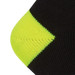 A black sock with a bright yellow reinforced toe, featuring a logo on its side.