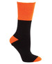 A black and orange work sock with a snug fit, featuring a contrasting colour block design and a logo.