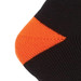 A close-up of a black sock featuring an orange heel and toe section, designed for workwear.
