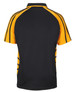 A black and yellow polo shirt featuring a logo, with contrasting stripes on the sides and a classic collar.