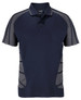 A navy blue polo shirt with grey accents and a brand logo. It features a classic collar and short sleeves.