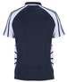 A navy and white polo shirt featuring a contrasting design and a logo on the back.