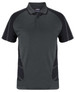 A polo shirt featuring a dark grey body with black accents and a logo on the collar.