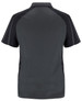 A dark grey polo shirt with black accents, featuring a logo on the back.