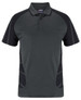 A dark grey polo shirt featuring black accents, with a collar and short sleeves. It has a logo on the chest.