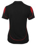 A women's polo shirt in black with red accents, featuring a logo on the back.