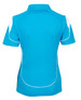 A ladies' polo shirt in bright blue with white accents and a logo on the front. Back view displayed.