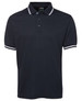 A navy polo shirt with a classic collar and contrasting white stripes on the sleeves. It features a logo on the chest.