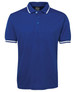 A blue polo shirt featuring white accents and a logo on the chest. Short sleeves and a buttoned collar.