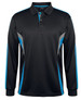 A long-sleeve polo shirt in black with blue and grey accents, featuring a logo on the collar.