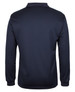 A long-sleeve navy polo shirt with a textured design and a branding logo on the back.
