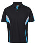 A black polo shirt featuring blue and grey accents, with a collar and a logo on the chest.