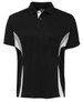 A black polo shirt featuring grey side panels and a collar, with a logo on the chest.