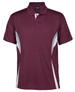 A maroon polo shirt featuring grey side panels and a collar, with a logo on the upper front.