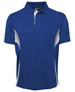 A blue polo shirt with contrasting white side panels and a collar, featuring a logo on the chest.