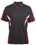 A black and red polo shirt featuring a stylish design and a logo on the chest.