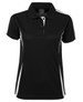 A black polo shirt with white accents and a collar, featuring a logo on the front.