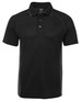 A black polo shirt with a classic collar and button placket, featuring raglan sleeves and a logo.