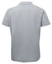 A grey polo shirt with a smooth fabric and a collar, featuring a logo on the back.
