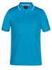 A turquoise polo shirt with a collared neck and contrasting trim, featuring a logo.