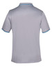 A grey polo shirt with a textured finish and contrasting blue trim on the collar and sleeves, featuring a logo.