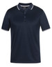 A dark navy polo shirt featuring a contrasting collar and buttons, with a logo on the chest.
