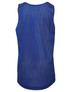 A blue singlet with a perforated design and a branding logo at the back.