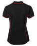 A black polo shirt with red piping, featuring a branded logo on the back.