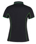 A black polo shirt with green piping, featuring a fitted design and short sleeves. Includes a logo on the chest area.
