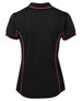 A black polo shirt with pink piping, featuring a fitted design and a collar. It includes a logo on the back.