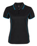 A black polo shirt with blue piping details and a collar. It features short sleeves and a logo on the label.