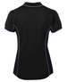 A black polo shirt featuring purple piping, with a classic collar and short sleeves. It includes a branding logo.