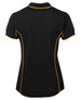 A black polo shirt featuring yellow piping along the seams, designed for women. Includes a logo on the chest.