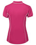 A pink polo shirt featuring short sleeves and white piping details along the seams, with a logo on the front.