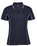 A navy polo shirt with light blue piping and a collar, featuring a logo.