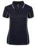 A navy polo shirt featuring piping details and a collar, with a logo on the upper area.