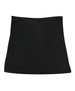 A black skort with a fitted waist and flared hem, featuring a logo on one side.
