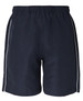 A pair of navy shorts with white side piping, featuring an elastic waistband and no visible logos.