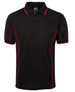 A black polo shirt with red piping details and a collar, featuring a buttoned placket and a logo.
