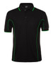A black polo shirt featuring green piping and a collar, with a logo on the chest area.