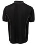 A black polo shirt featuring grey piping along the seams and a logo on the back.